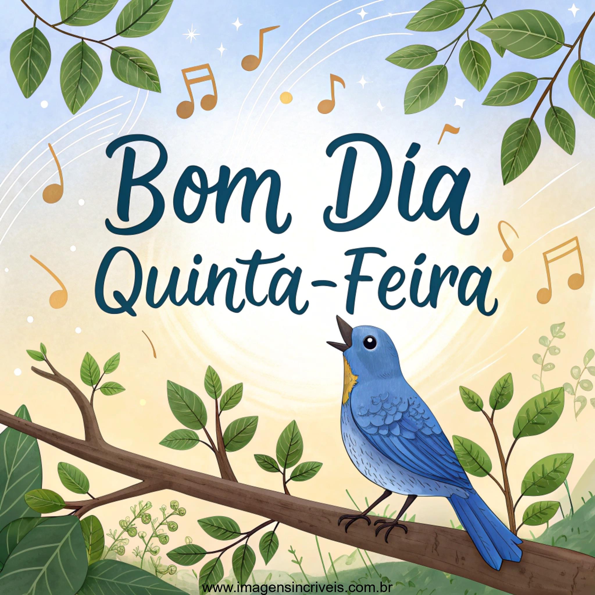 Imagem de Passarinho azul em galho com o texto ‘Bom Dia Quinta-feira’ entre folhas e notas musicais.