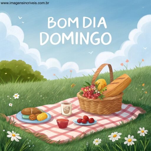 Piquenique em campo com o texto ‘Bom Dia Domingo’ no céu e cesta de frutas.