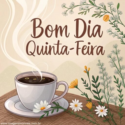 Xícara de café com o texto ‘Bom Dia Quinta-feira’ na fumaça e flores ao lado.