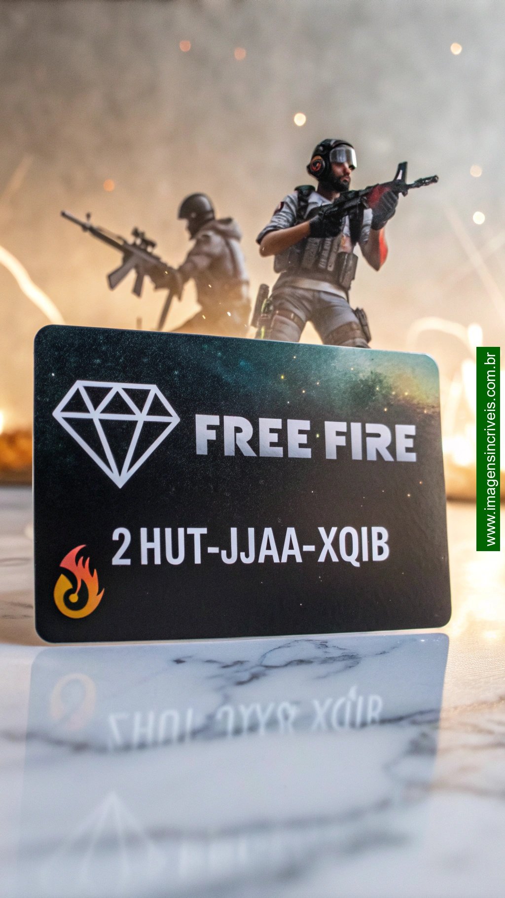 Gift card exclusivo do Free Fire com o código '2HUT-JJAA-XQIB', apresentando diamantes e armas poderosas, perfeito para resgatar skins e recompensas.