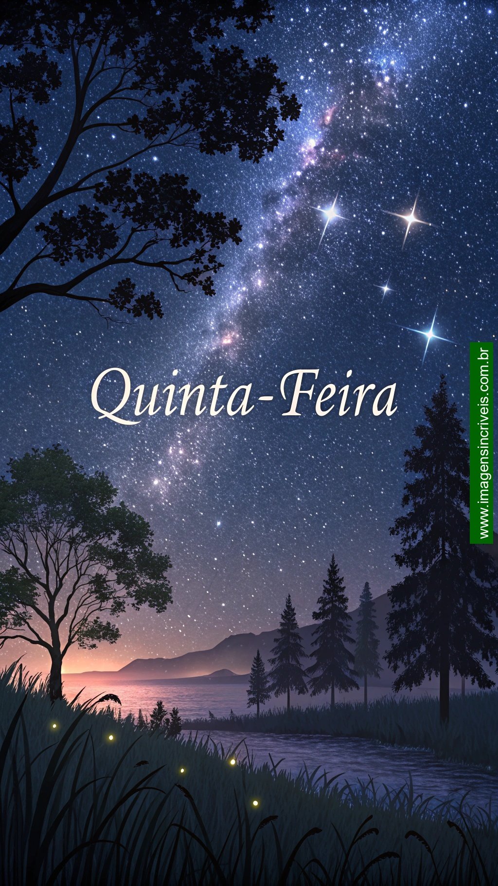 Imagem de boa noite para quinta-feira com céu estrelado e ambiente calmo, mensagem inspiradora de serenidade e descanso, palavras-chave de inspiração e boas energias.