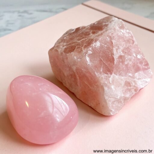 Imagem de um quartzo rosa em duas versões, uma bruta e outra lapidada, com tom suave de rosa. Pedra preciosa associada ao amor e à cura emocional, ideal para joias delicadas e objetos de decoração.