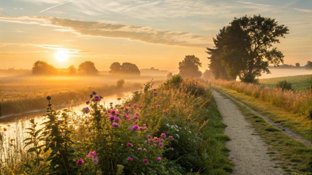 Paisagem serena ao nascer do sol em uma sexta-feira com clima de fé, inspiração e reflexão