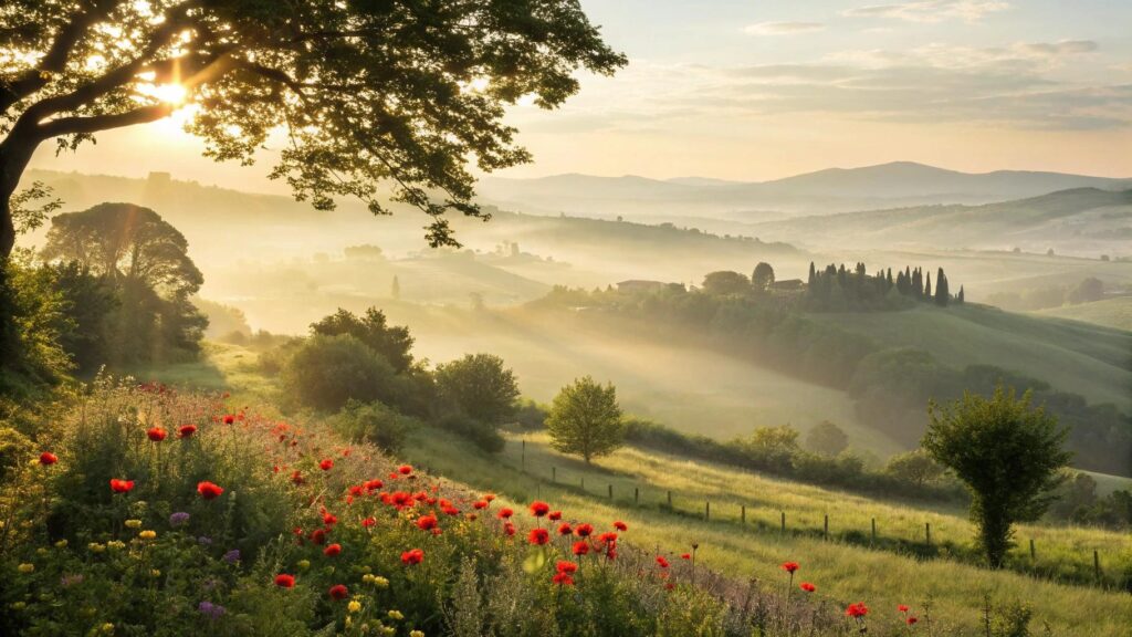Cenário tranquilo de manhã de sábado com luz do sol suave, natureza serena e atmosfera de fé e esperança