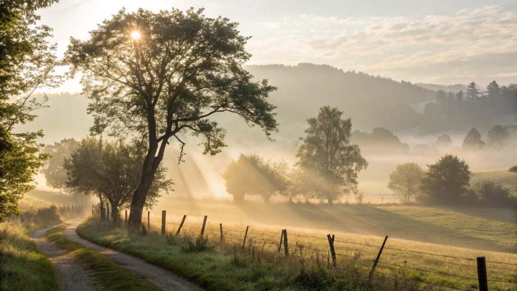 Cena tranquila de manhã de domingo com luz suave, paisagem campestre e atmosfera acolhedora