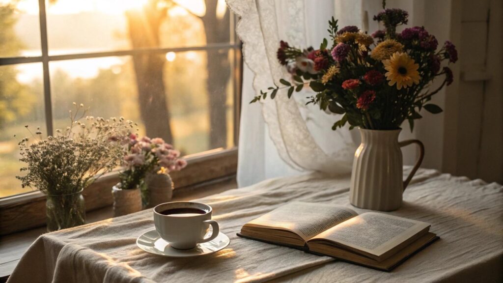 Imagem serena de uma manhã com carinho no sábado 31/05/2025 com flores, café e luz suave