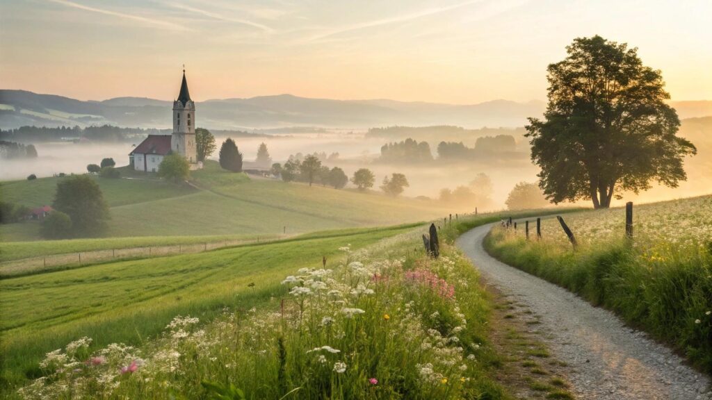 Paisagem tranquila ao amanhecer com sol suave e caminho levando a uma igreja distante.