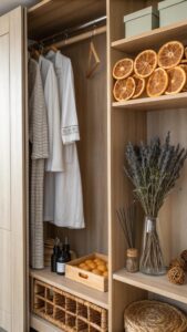 Imagem estética de armário de madeira organizado com itens aromáticos