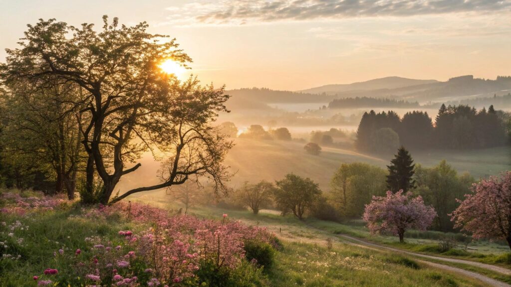 Paisagem serena ao amanhecer simbolizando o dia 1 de julho com esperança e inspiração