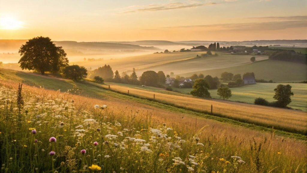 Imagem de um amanhecer tranquilo no campo, com luz dourada suave e flores silvestres, representando fé, esperança e reflexão