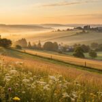 Imagem de um amanhecer tranquilo no campo, com luz dourada suave e flores silvestres, representando fé, esperança e reflexão