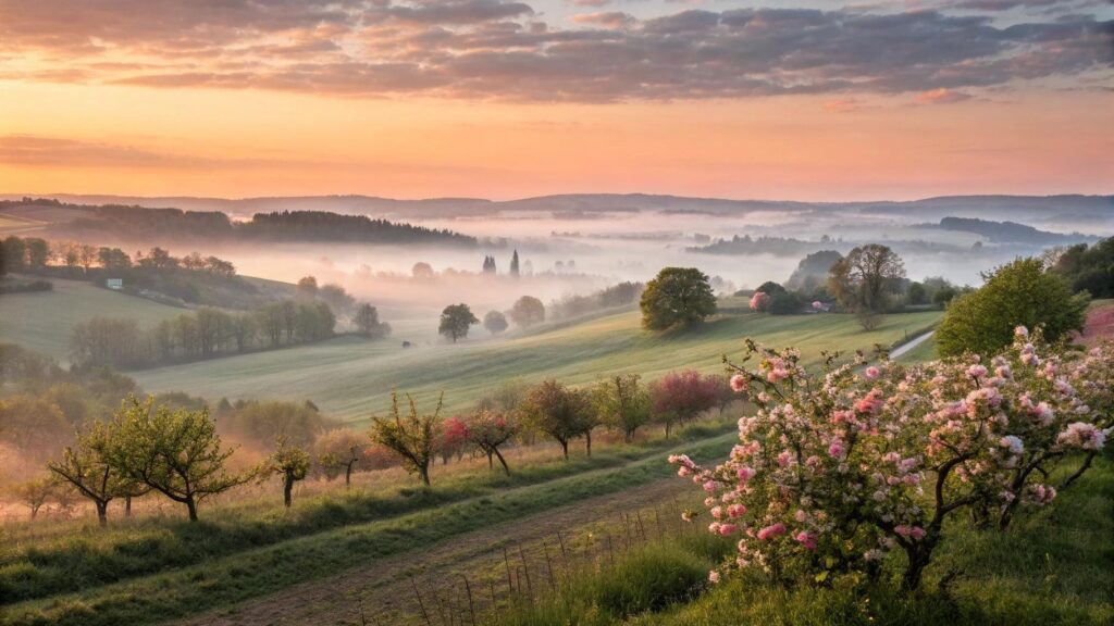 paisagem campestre ao amanhecer com luz suave e atmosfera de fé e inspiração