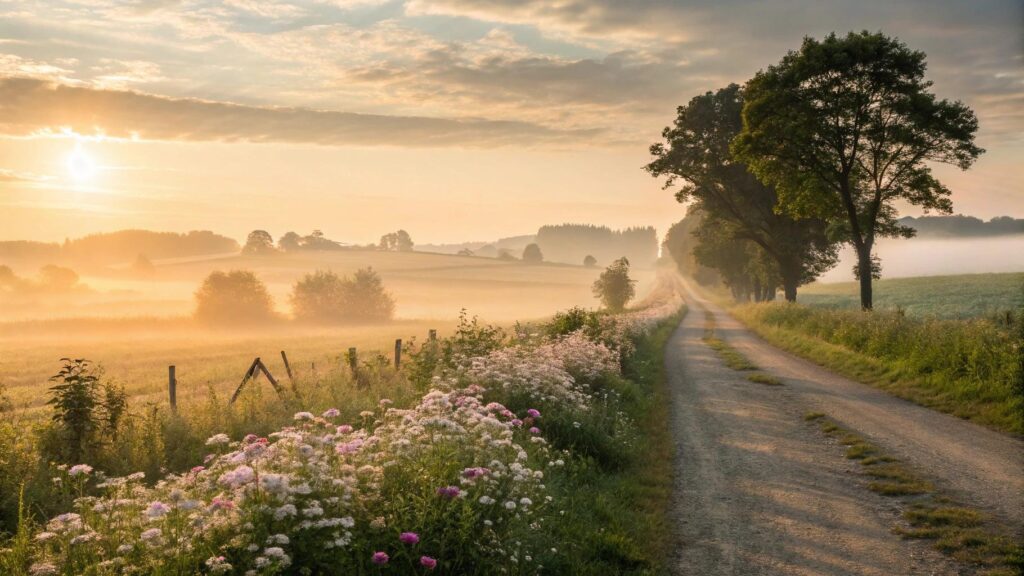 Imagem de um amanhecer tranquilo no campo em julho, com luz dourada, flores e sensação de fé e inspiração