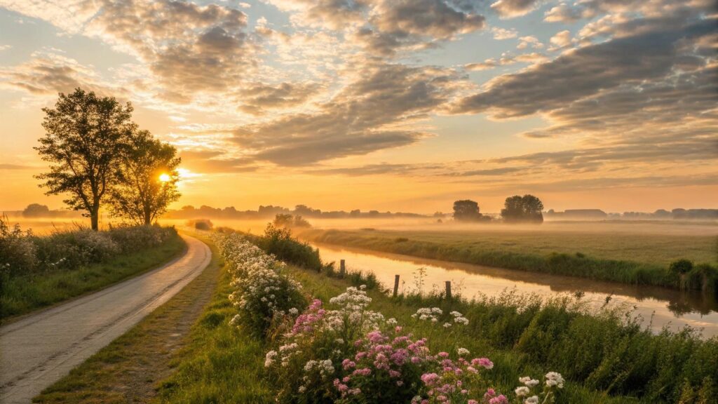 Imagem de amanhecer tranquilo com paisagem serena, luz dourada e atmosfera de esperança para começar o mês de julho