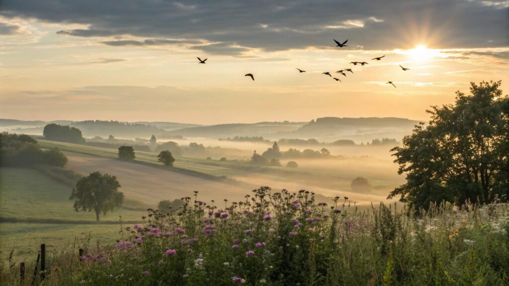 Nascer do sol tranquilo sobre uma paisagem campestre com névoa da manhã, pássaros voando e flores desabrochando, simbolizando fé, paz e reflexão