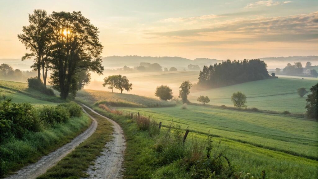 Imagem de um amanhecer tranquilo no campo com névoa suave, caminho entre campos verdes e luz solar suave
