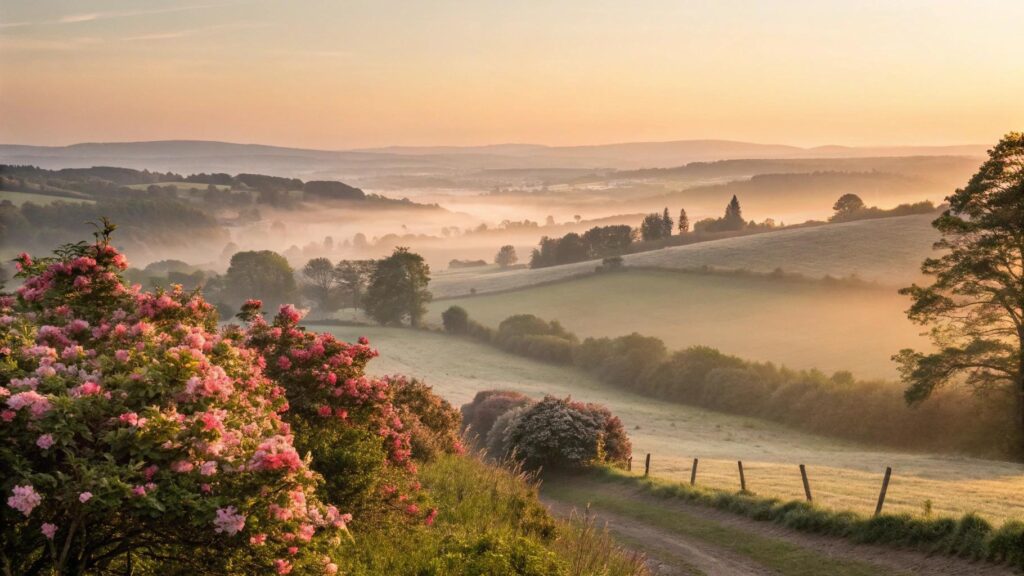 Amanhecer tranquilo no campo com flores e luz suave representando fé e reflexão