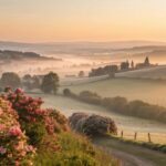 Amanhecer tranquilo no campo com flores e luz suave representando fé e reflexão