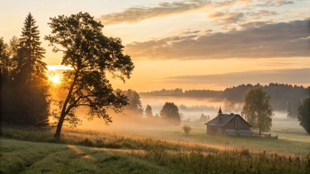 Cena inspiradora de um amanhecer tranquilo no campo simbolizando fé e renovação
