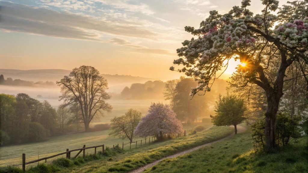 amanhecer sereno de quinta-feira com luz suave, flores e atmosfera de paz