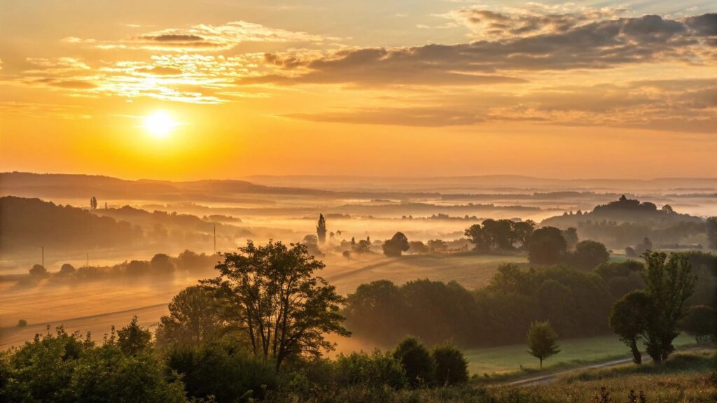 Nascer do sol sobre uma paisagem tranquila na manhã de quinta-feira, simbolizando fé, esperança, inspiração e boas energias