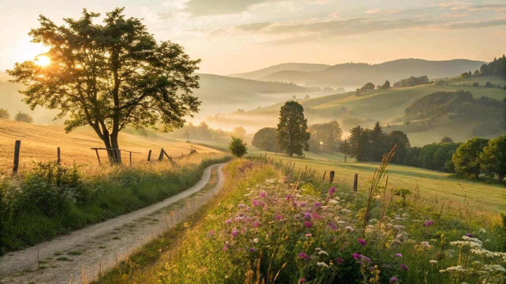 Imagem de bom dia para sábado 07/06/2025 com paisagem serena, luz suave e clima de fé e inspiração