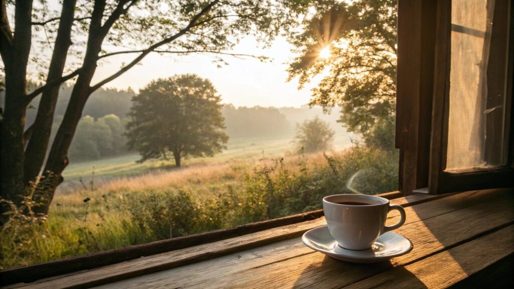 Cena de sábado pela manhã com luz dourada, café sobre a mesa e ambiente de paz e reflexão