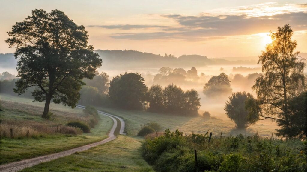 Imagem de um nascer do sol sereno sobre uma paisagem campestre com neblina e luz suave