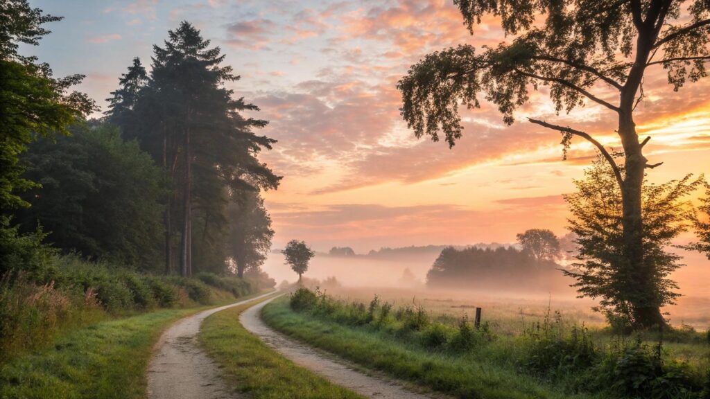 paisagem tranquila ao amanhecer simbolizando uma segunda-feira 23/06/2025 com fé, ânimo e mensagens edificantes