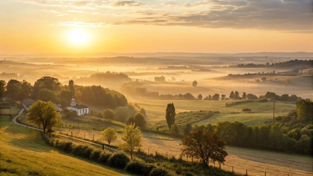 Paisagem ao amanhecer de uma terça-feira serena, representando fé, esperança e inspiração para começar o mês