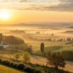 Paisagem ao amanhecer de uma terça-feira serena, representando fé, esperança e inspiração para começar o mês