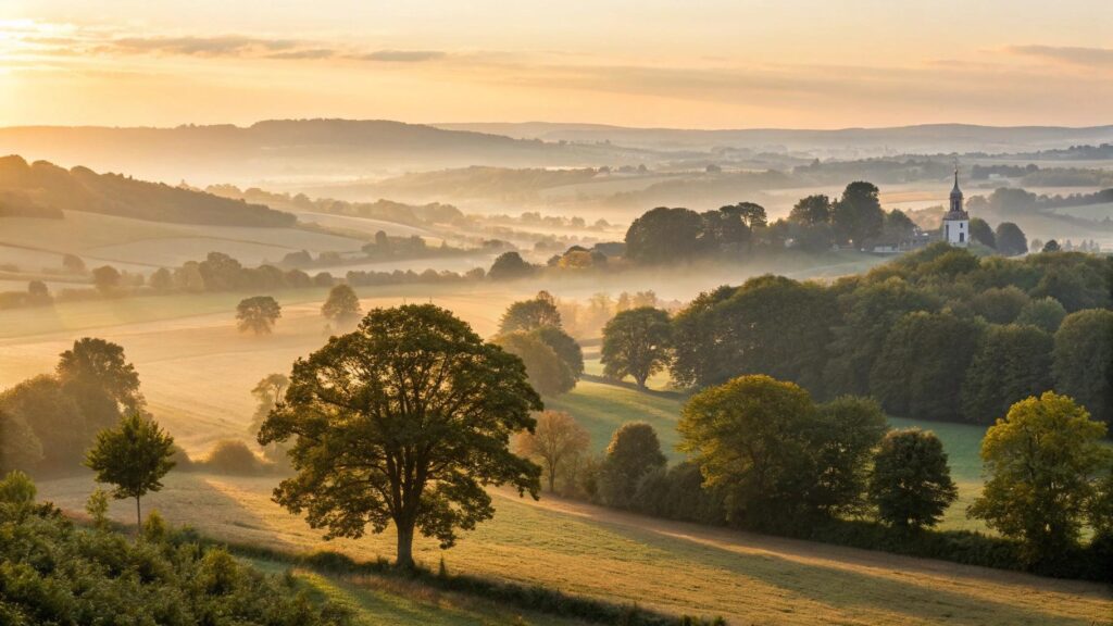 paisagem campestre ao amanhecer em uma terça-feira serena, com luz dourada suave e atmosfera de fé e inspiração