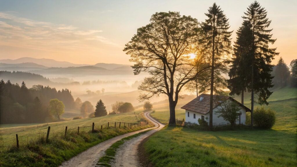 Cena tranquila de manhã de terça-feira com luz do sol e natureza para inspirar fé e motivação
