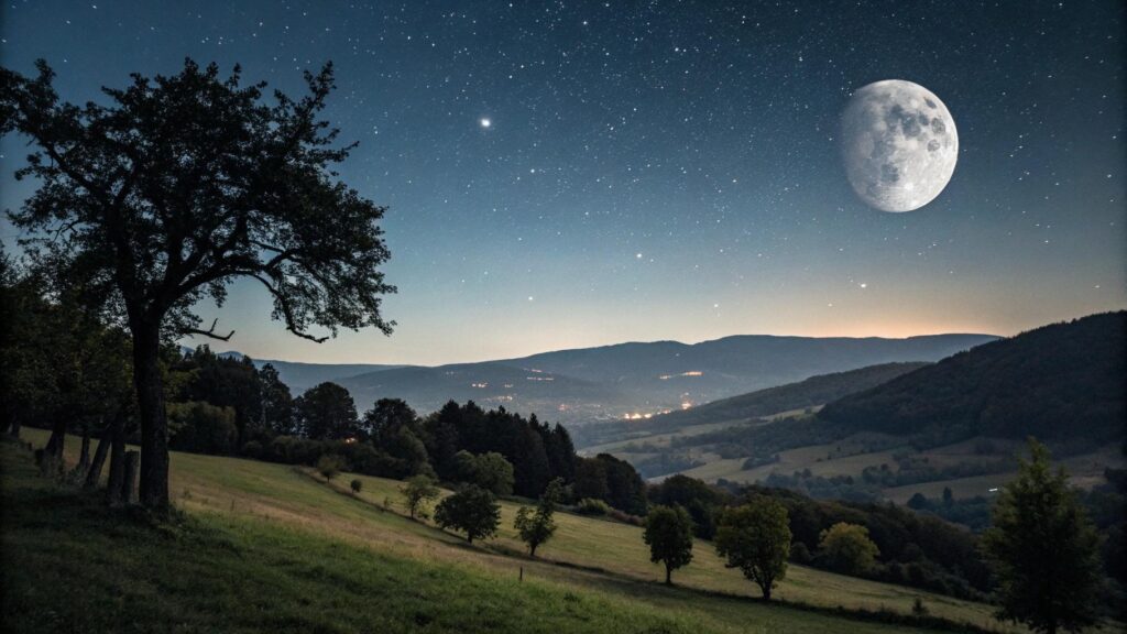 Fase da Lua Nova no céu noturno de 25 de junho de 2025 vista de uma paisagem natural tranquila