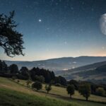 Fase da Lua Nova no céu noturno de 25 de junho de 2025 vista de uma paisagem natural tranquila