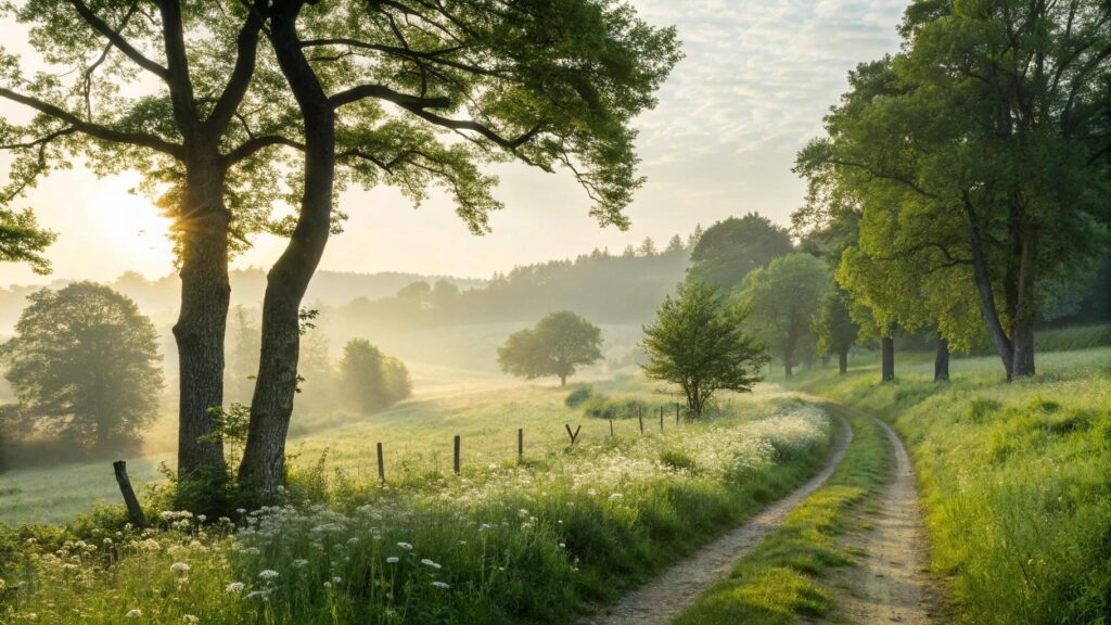 Paisagem serena ao amanhecer com atmosfera espiritual de fé, amor e esperança para a quarta-feira