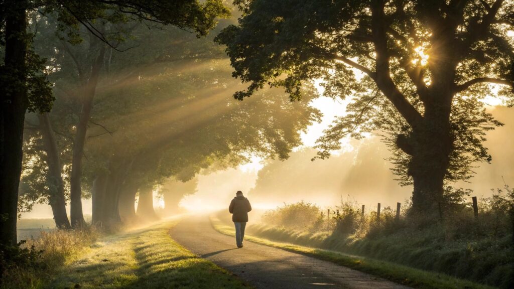 Cena serena da manhã com luz suave, caminho tranquilo e figura contemplativa simbolizando fé e esperança