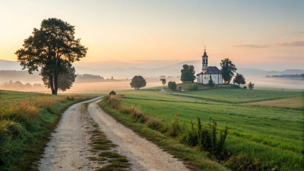 Imagem de um amanhecer tranquilo no campo com uma igrejinha ao fundo, transmitindo fé e esperança