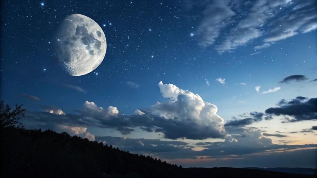 Céu noturno sereno com a lua gibosa minguante brilhando entre nuvens suaves