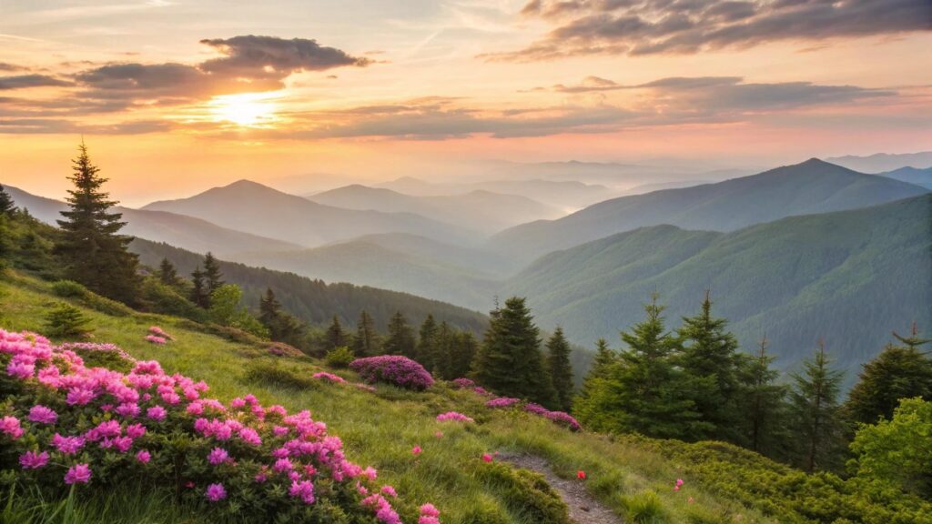 Paisagem de amanhecer com montanhas e flores que transmitem paz e inspiração