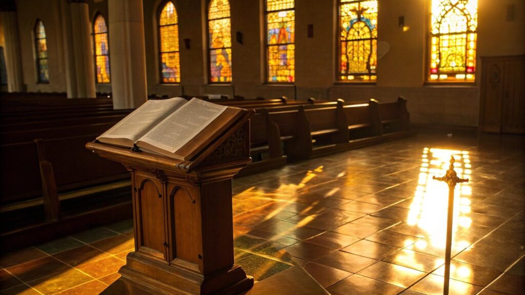 Imagem de um interior de igreja iluminado pela manhã com uma Bíblia aberta, representando a liturgia diária de 16 de junho de 2025