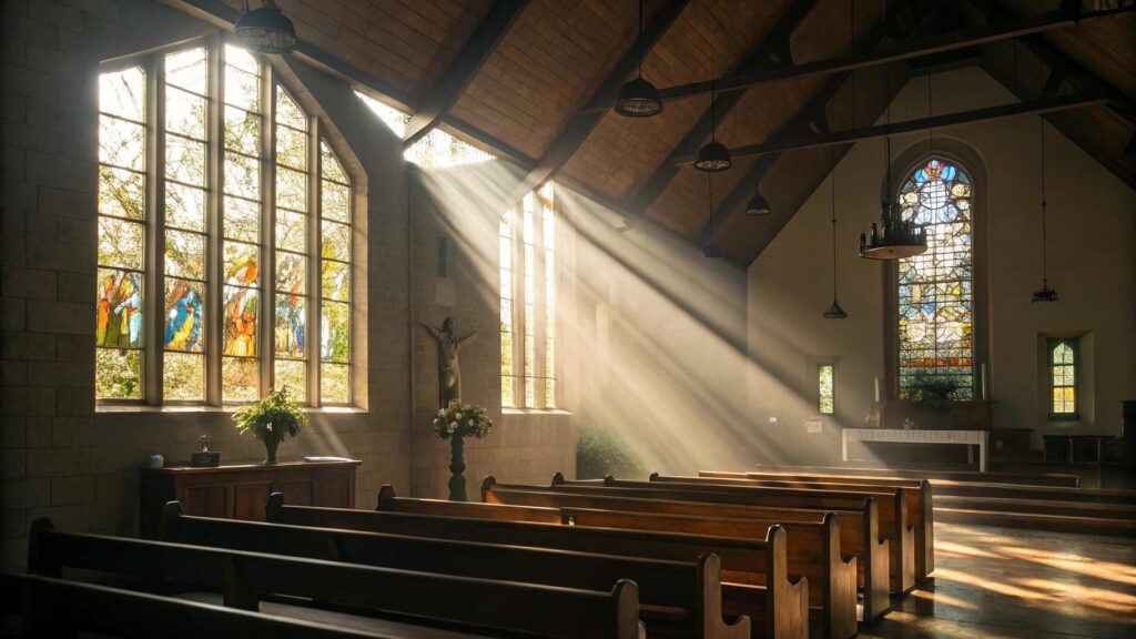 Interior de uma igreja tranquila iluminada pela luz da manhã, com atmosfera espiritual para a liturgia do dia