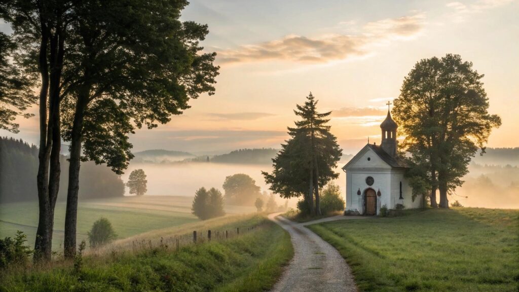Capela no campo ao amanhecer com luz suave e caminho entre árvores, simbolizando fé e reflexão espiritual