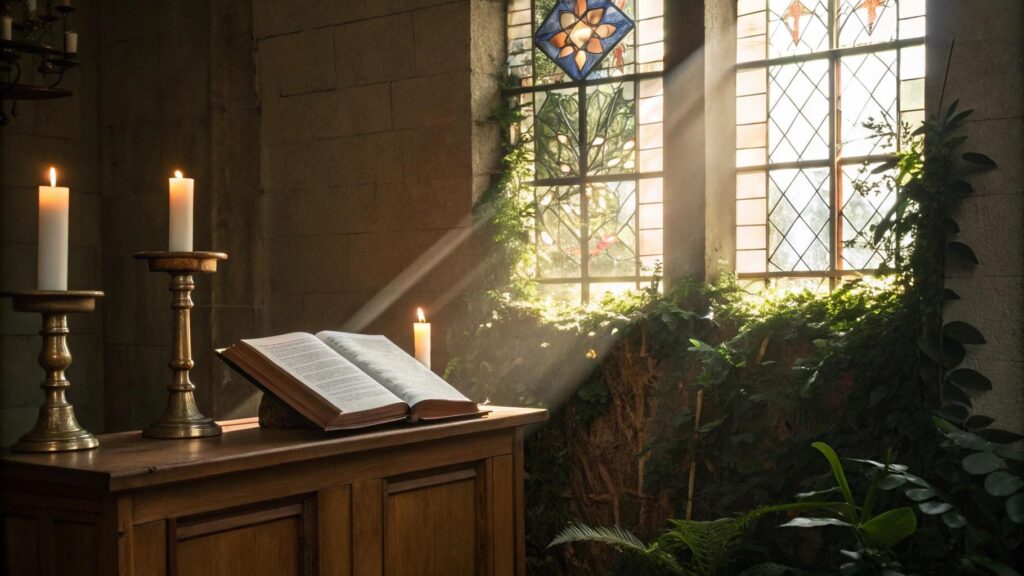 Cena inspiradora da liturgia do dia 12 de junho de 2025 com Bíblia aberta, luz suave e ambiente de fé
