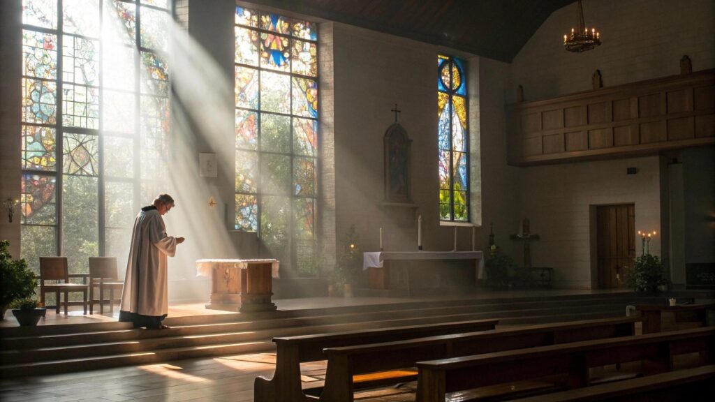 Interior de uma igreja iluminada pela manhã com atmosfera serena e espiritual