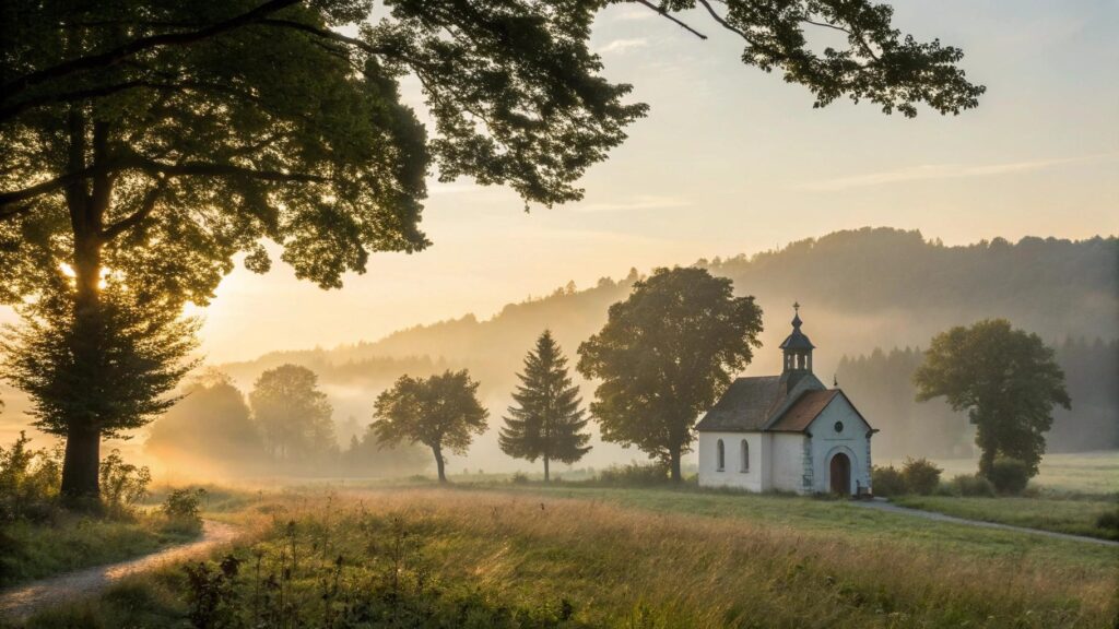 Cena religiosa com capela ao nascer do sol e pessoas em oração, em meio à natureza serena