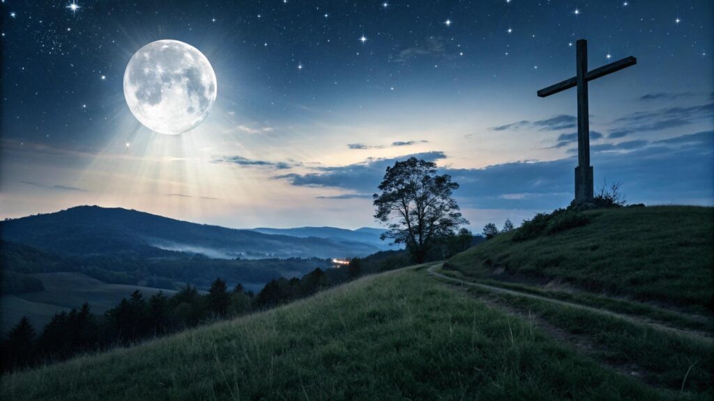 Paisagem noturna serena com luz suave da lua e cruz em colina, simbolizando paz e presença divina