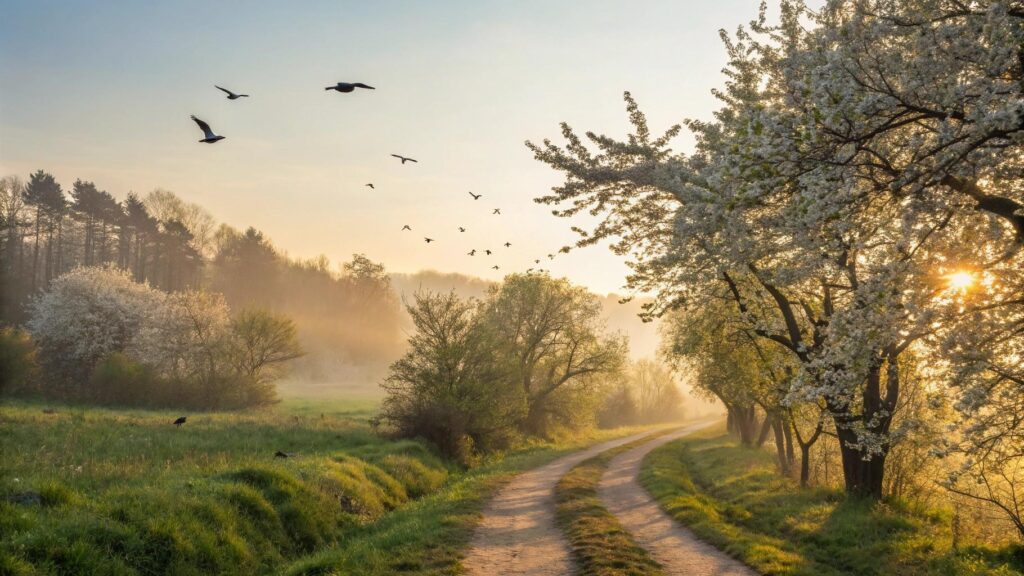 paisagem serena de manhã com luz dourada e natureza exuberante, simbolizando inspiração para o mês de julho
