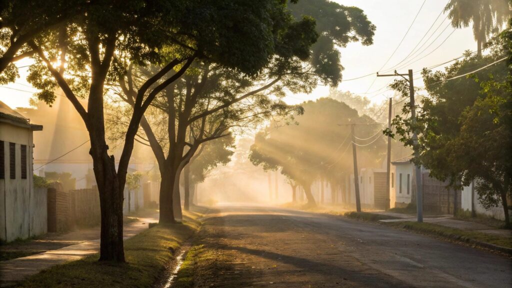 Cenário de cidade interiorana ao amanhecer com luz suave e atmosfera de paz, representando uma mensagem de bom dia com fé e reflexão