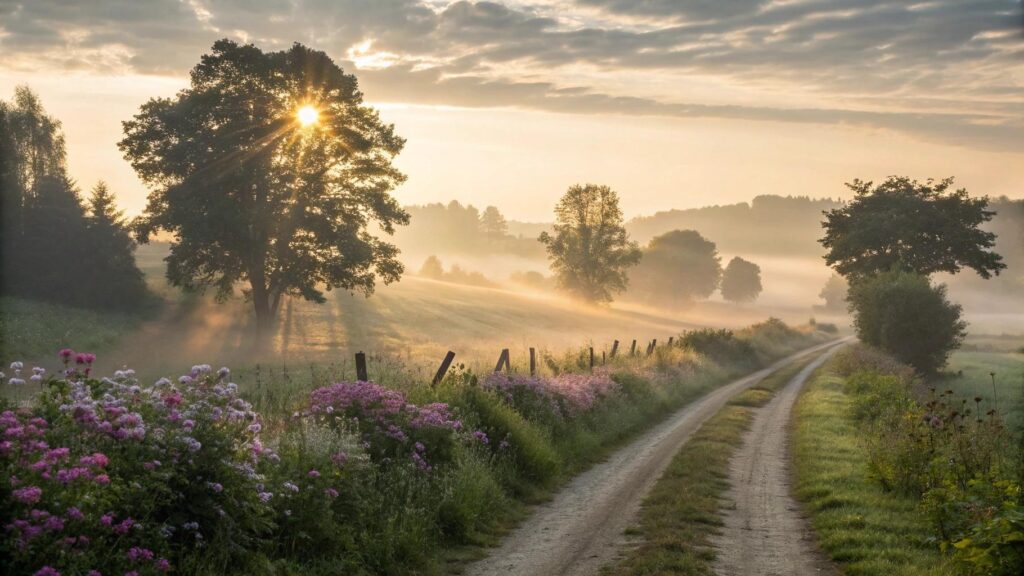 Imagem de um nascer do sol tranquilo em uma paisagem campestre com névoa suave e flores, transmitindo fé, inspiração e renovação espiritual
